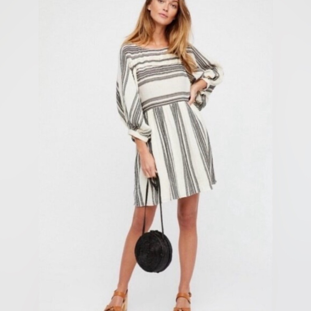 Free People Striped boho tunic top xs cream black cotton overzised festival